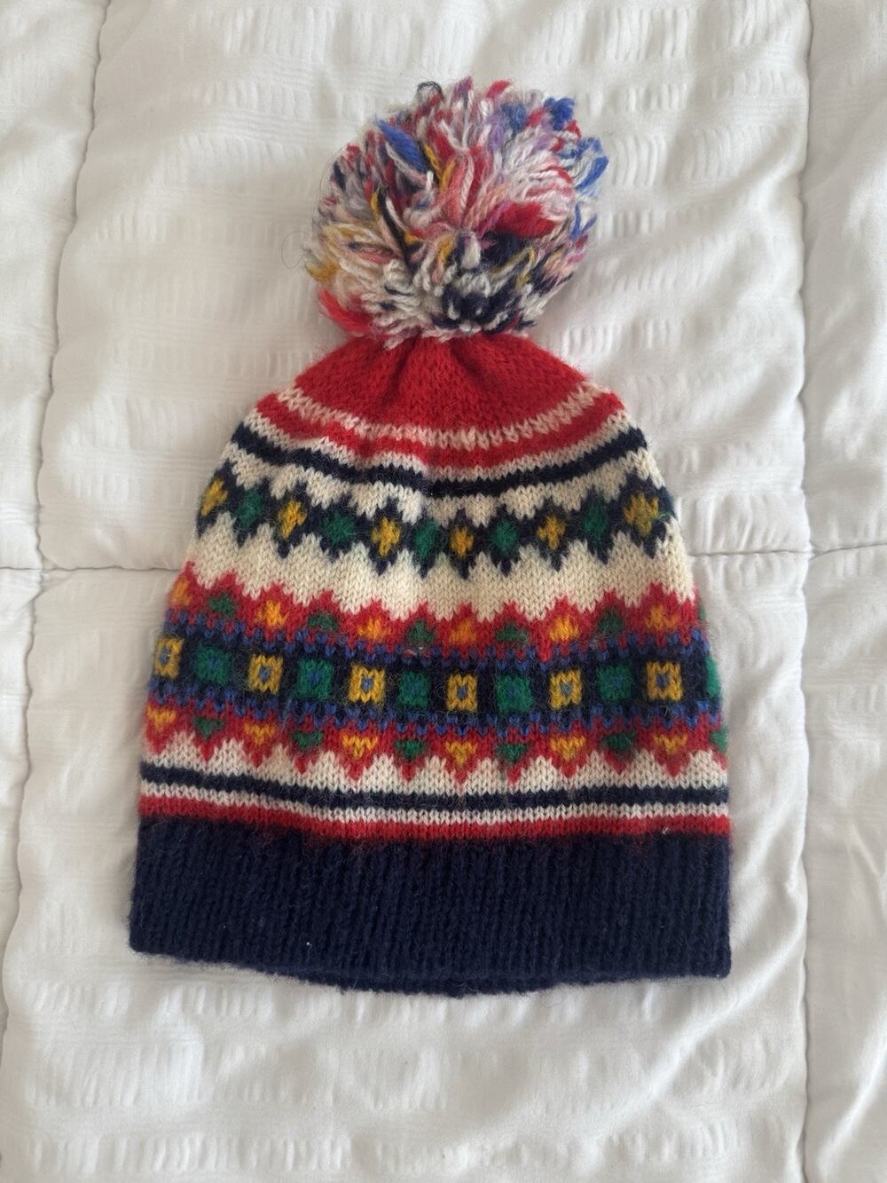 New Kid's Winter Hat Peru Wool Fair Isle MulticolorKnit Ski Bobble Colorful
